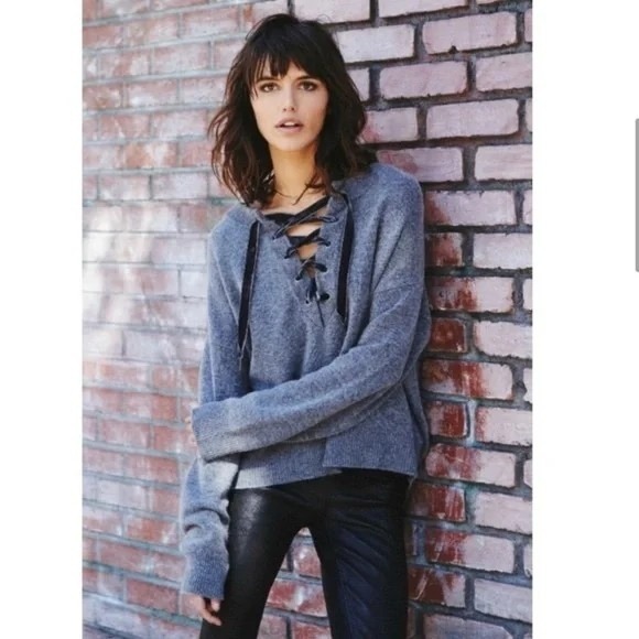 Rails Sweaters - Rails Women's Olivia Ash Grey Wool Cashmere Blend Lace Up Ribbon Sweater Size S